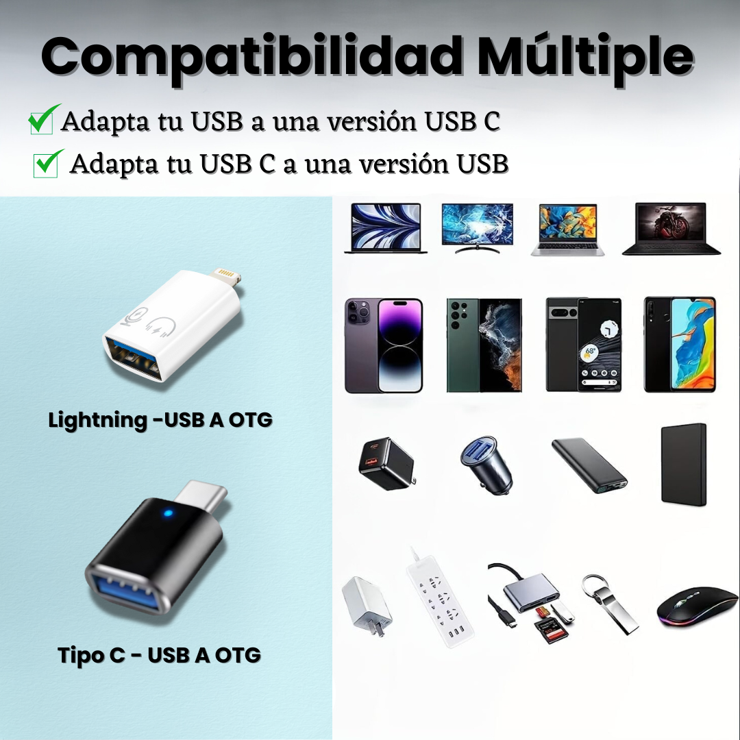 Adaptador USB Tipo C a USB A y Lightning USB A OTG Conexión Versátil y Duradera