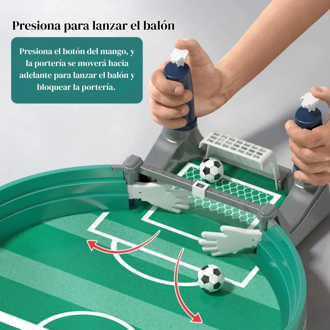 Juego de mesa de fútbol familiar con tablero verde y porterías para niños y adultos.