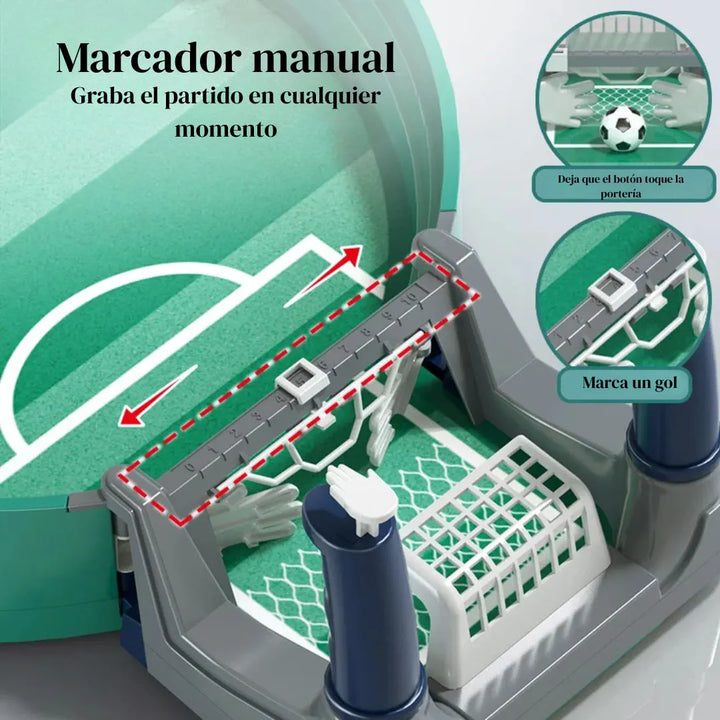 Niños jugando al fútbol de mesa interactivo fomentando la coordinación y diversión en casa.